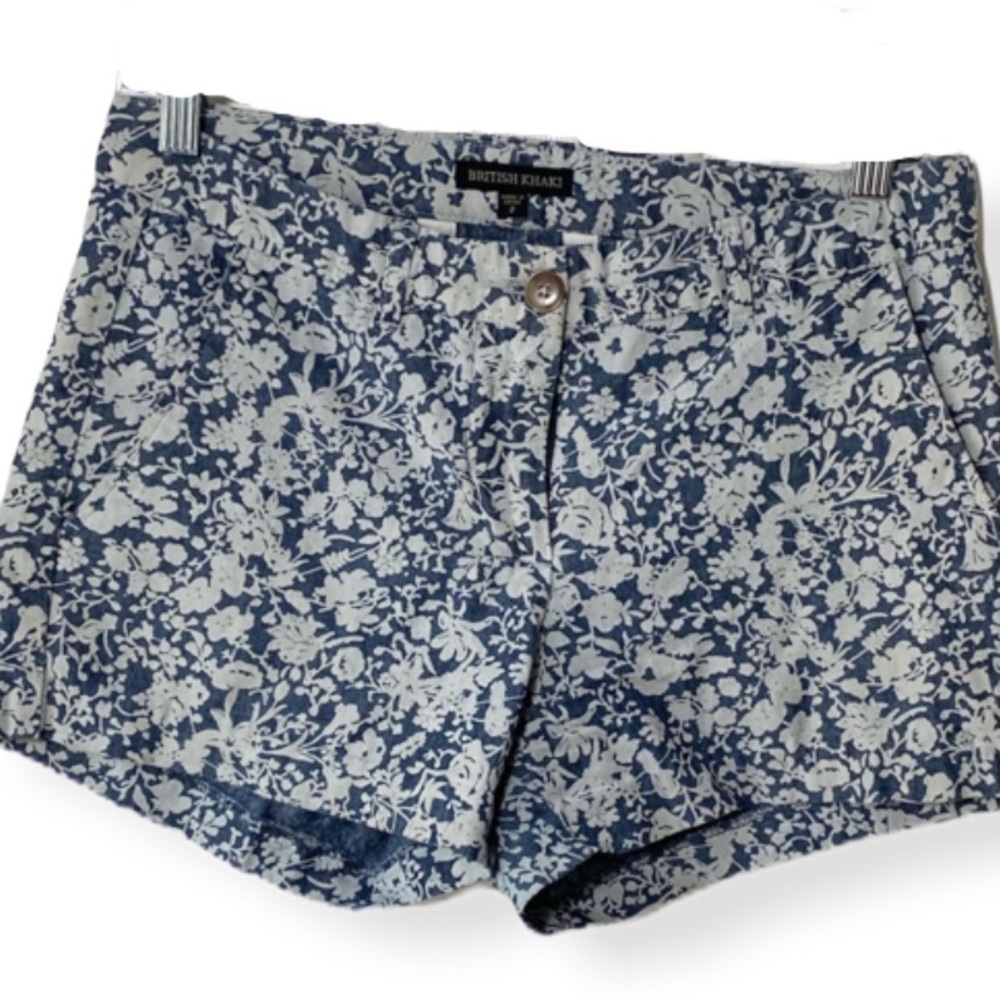 British Khaki chambray floral flat front shorts